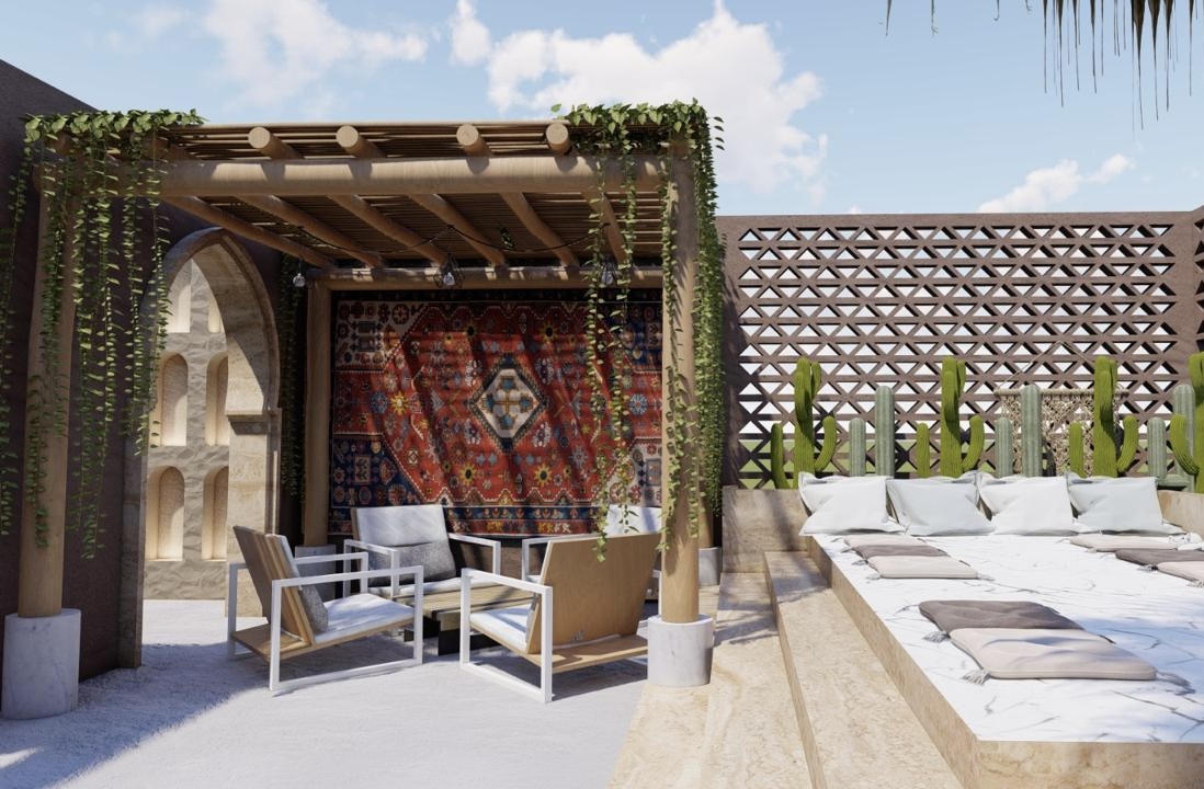 Luxury spa reception desk with natural stone facade and warm lighting